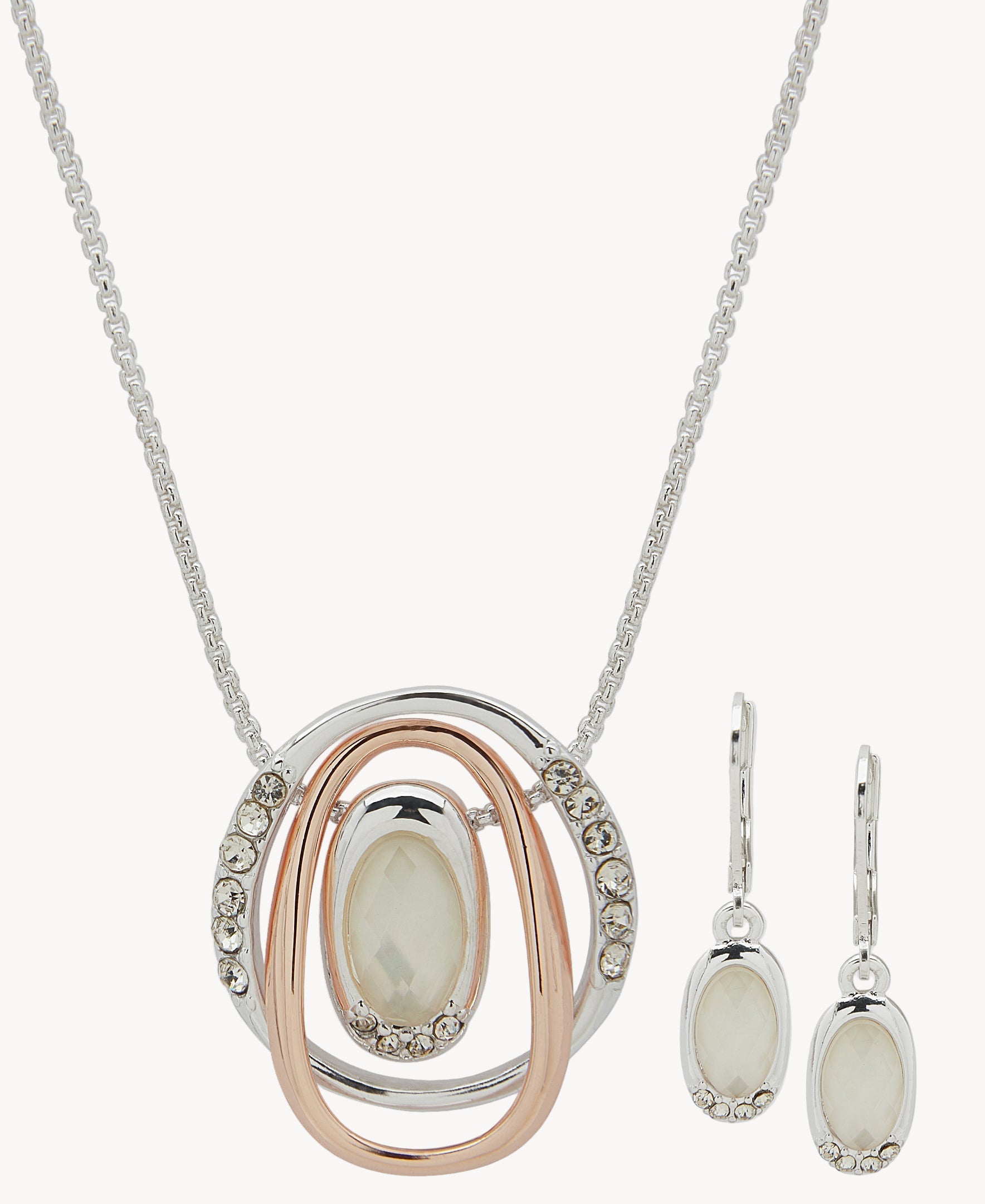طقم مجوهرات آن كلاين 01S00230 قلادة وأقراط بيضاوية ثنائية اللون