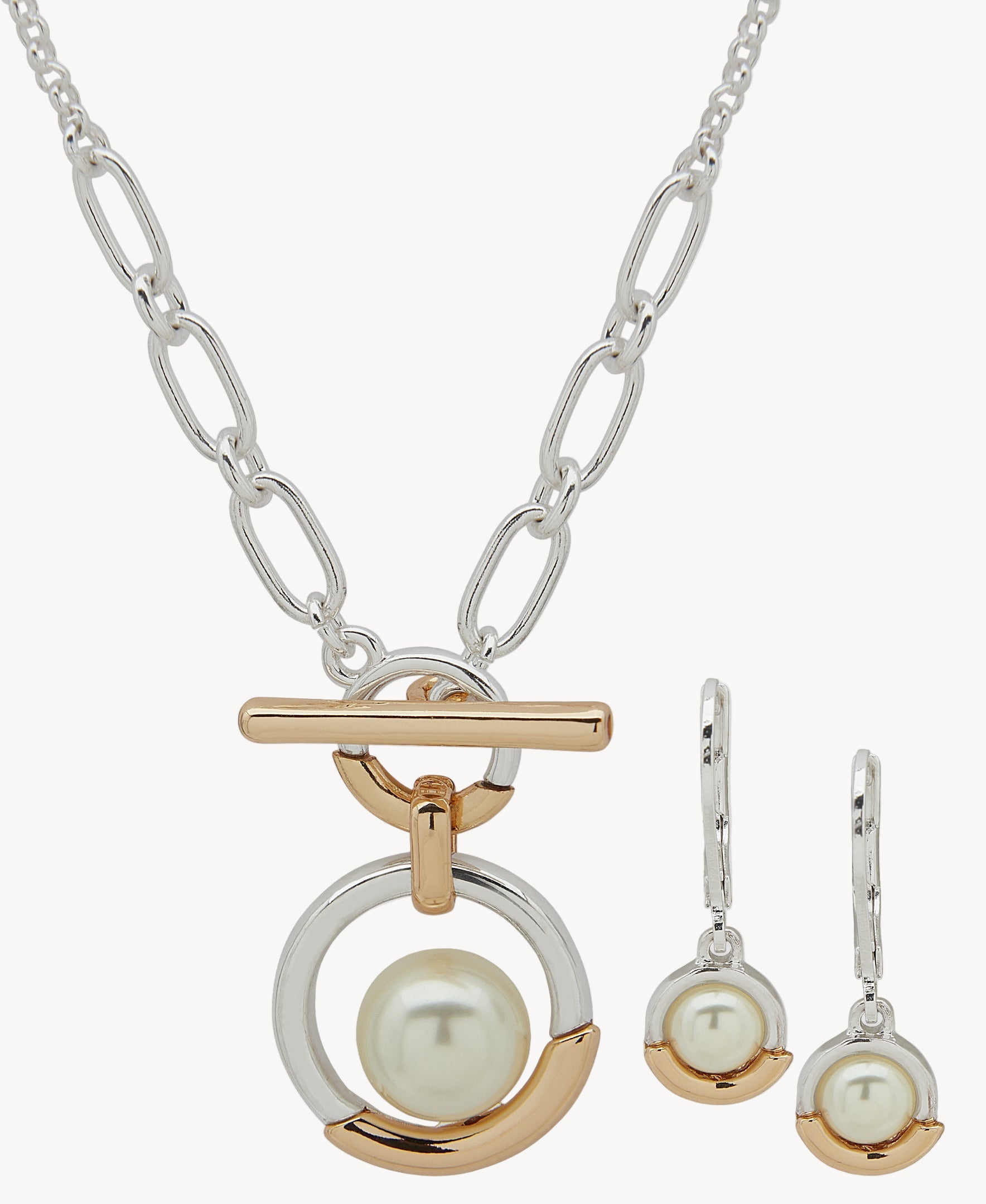طقم قلادة وأقراط دائرية من اللؤلؤ ثنائي اللون من آن كلاين 01S00236
