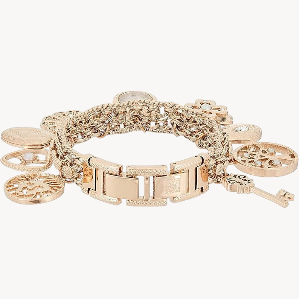 Anne Klein 10/8096RMCH Crystal Accented Charm Bracelet Watch – Rose Gold Tone