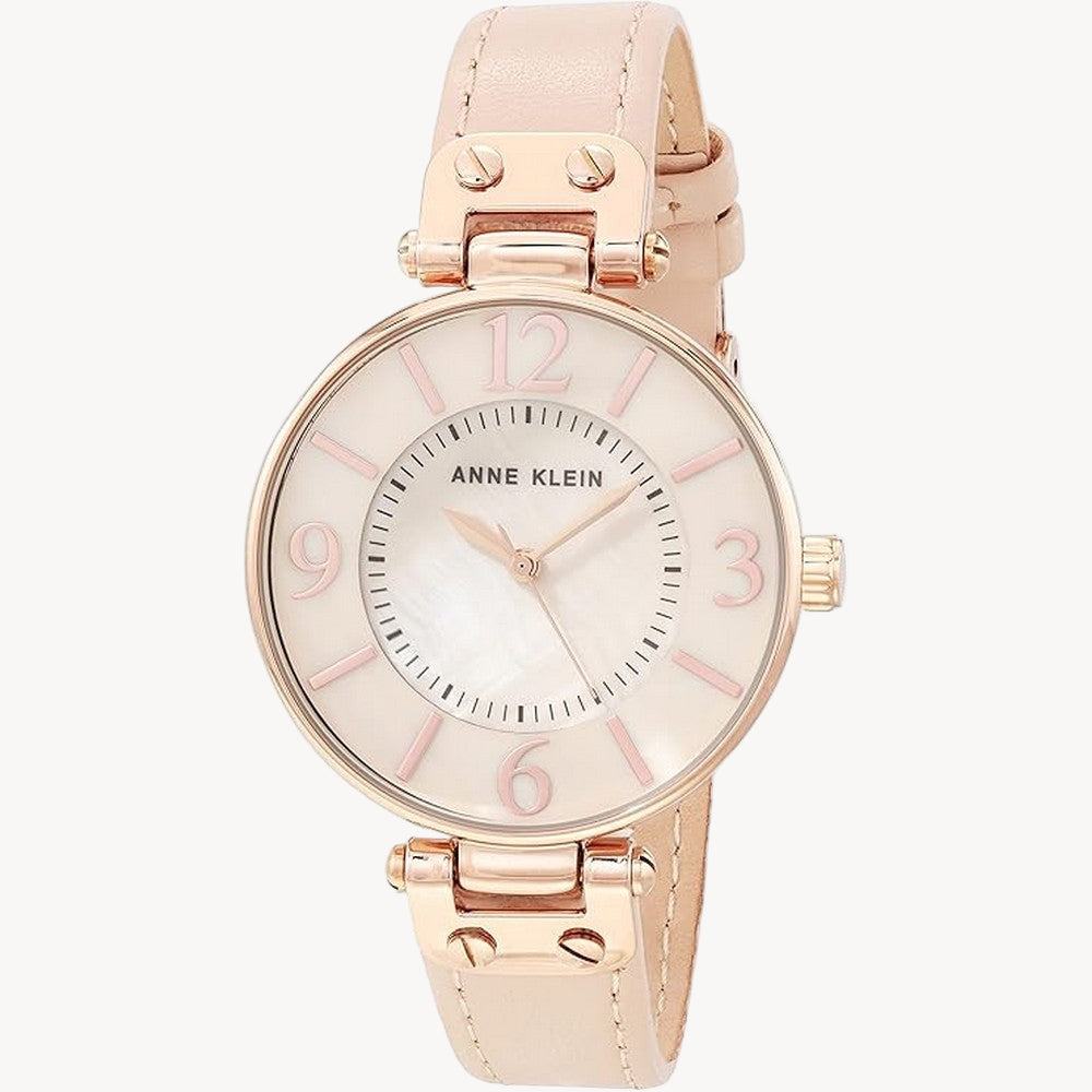 ساعة آن كلاين 10/9168RGBH بسوار جلدي - مينا سوداء مقاس 34 مم، لون ذهبي وردي