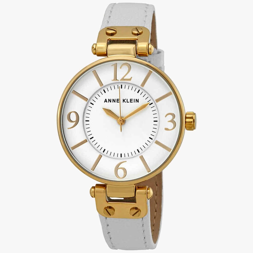 ساعة آن كلاين 10/9168WTWT بسوار جلدي - مينا بيضاء وسوار أبيض مقاس 34 مم