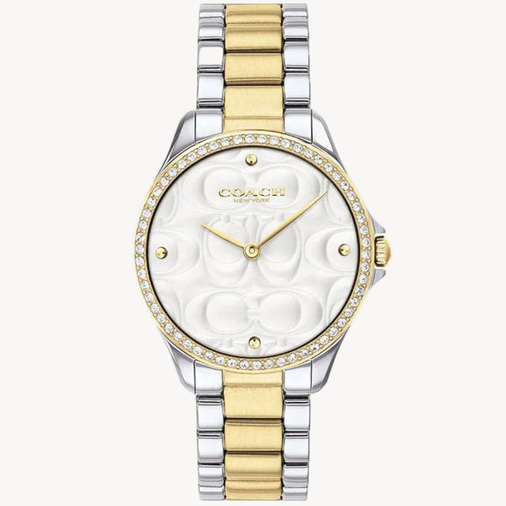 slender bracelet watch is crafted from two-tone stainless steel. A crystal-set bezel and engraved Coach Signature add a luxe touch.
Case size: 31mm. Quartz movement. Mineral crystal. Deployment closure. Water-resistant to 99 feet
Comes in original branded box