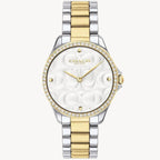 slender bracelet watch is crafted from two-tone stainless steel. A crystal-set bezel and engraved Coach Signature add a luxe touch.
Case size: 31mm. Quartz movement. Mineral crystal. Deployment closure. Water-resistant to 99 feet
Comes in original branded box