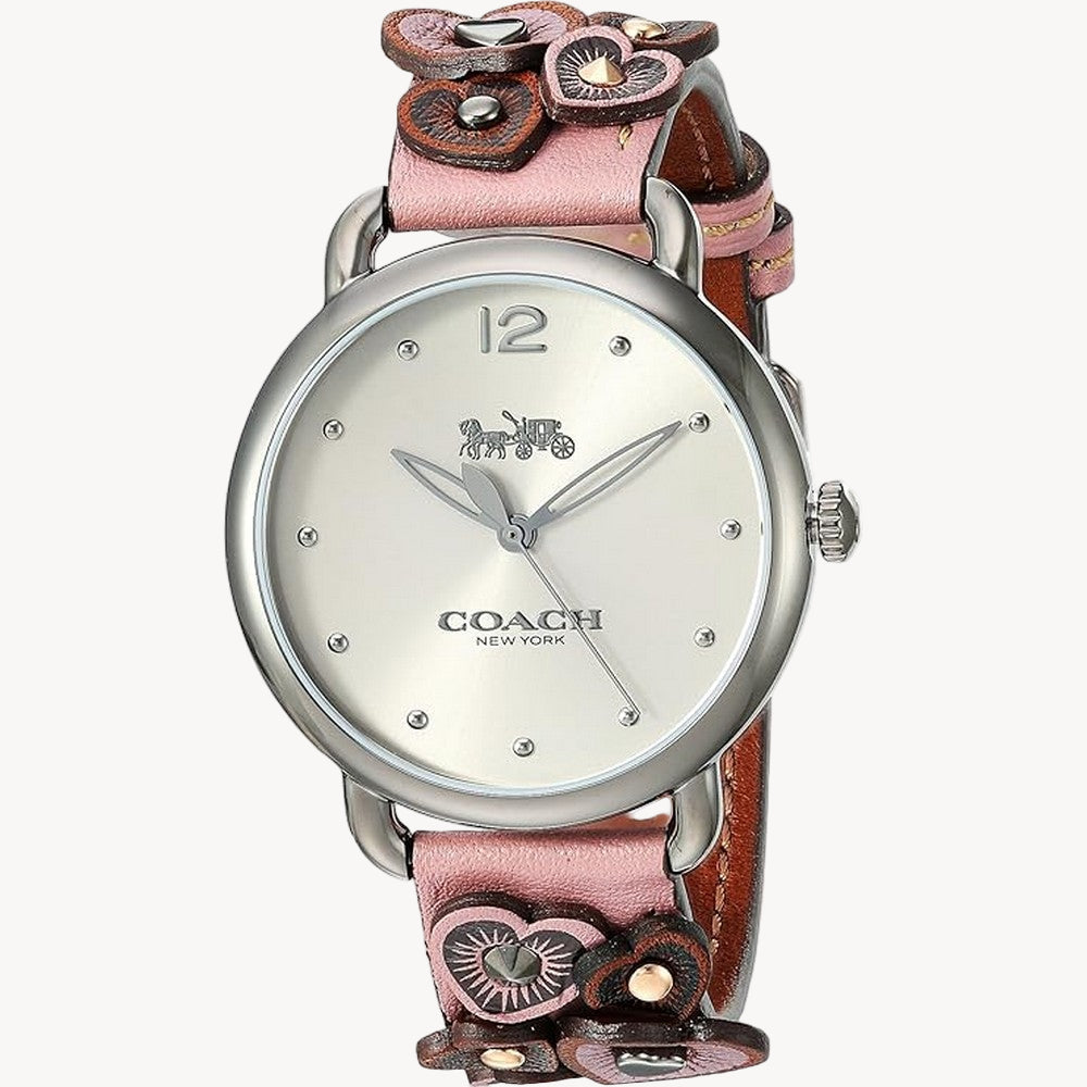 The Delancey watch is named after one of the most historic streets in New York City. Its leather strap is detailed with intricately detailed heart appliqué and polished rivets.
Ionized plated case and leather strap.
Approx. case diameter: 36mm. Mineral crystal. Quartz movement. Buckle closure. Water-resistant to 99 feet. Display box included. Imported. Measurements: Case Height: 41 mm Case Width: 41 mm Case Depth: 14 mm Band Width: 21 1?5 mm Band Circumference/Length: 8 3?4 in Weight: 1.4 oz
