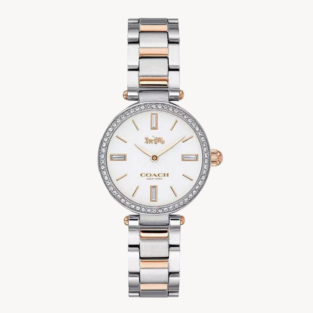 Stainless Steel Case
Two Tone Stainless Steel Bracelet
Quartz Movement
Mineral Crystal
White Dial
Analog Display
Crystal Accents
Screwed Case Back
Deployment Clasp
30m Water Resistance
