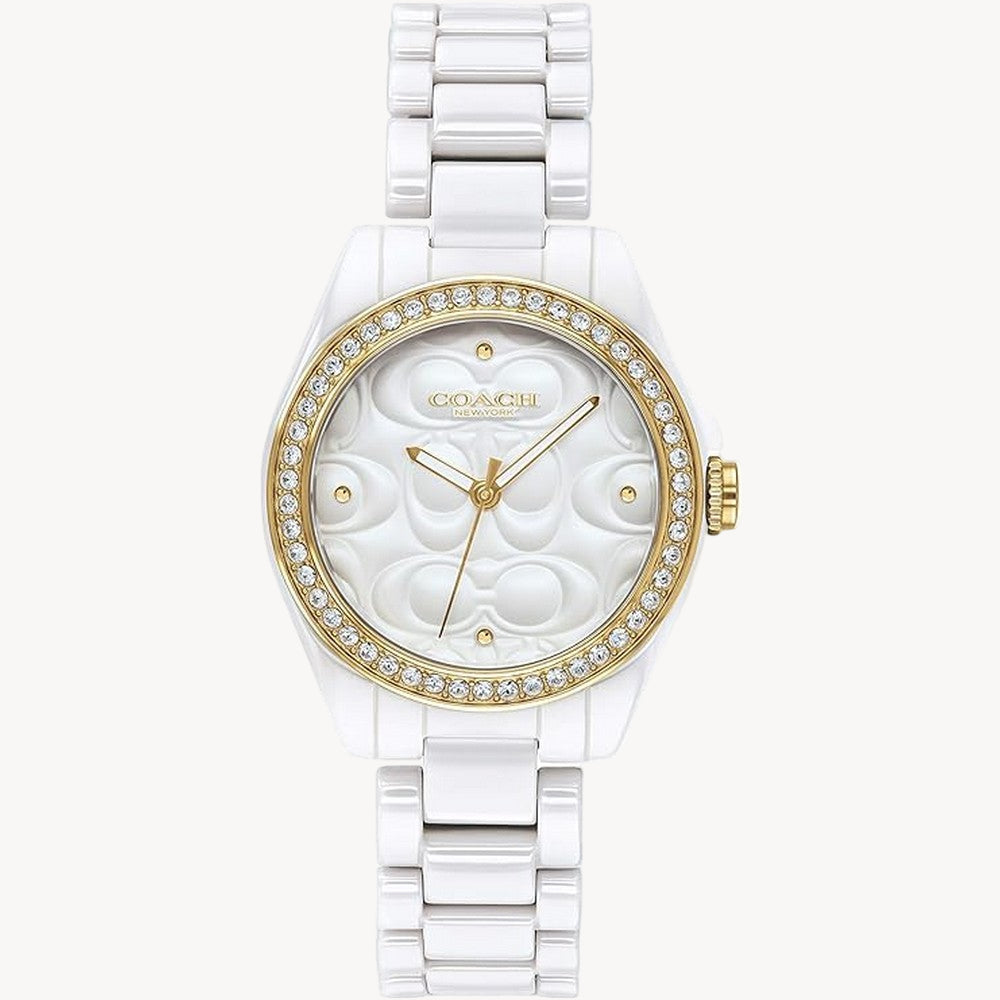 Named for an artistic street in downtown New York City, the Astor watch is all about modern style. The White lightweight and scratch-resistant ceramic design glistens with Swarovski crystals and features a Coach Signature dial.
White ceramic and gold tone case and White ceramic bracelet.
Approx. case diameter: 28mm.
Deployment closure
Water-resistant to 99 feet