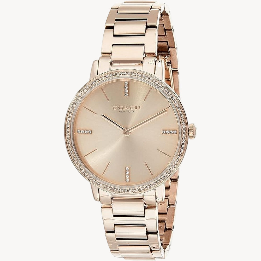 3 ATM Water Resistance
Ionic Plated Carnation Gold Steel
Carnation Gold Dial
Push-Button Deployment Clasp