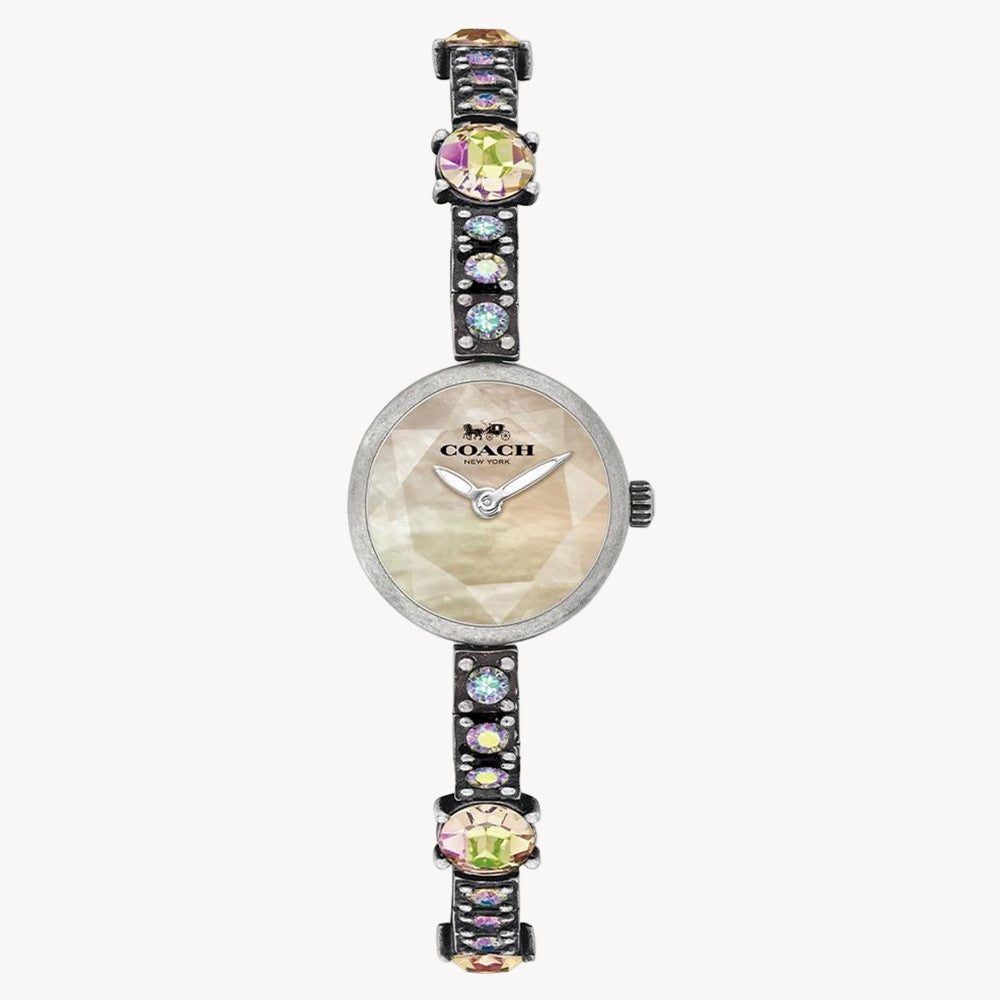 Movement Type: Quartz
Case Diameter: 18.00 mm
Case Thickness: 6.95 mm
Band Width: 4.00 mm
Case Material: Stainless Steel tumbled & darkened antique finish
Crystal Material: Mineral
Strap Material: Stainless Steel tumbled & darkened antique finish with crystals
Water Resistance: 3 Atm
Clasp Type: Jewellery Clasp