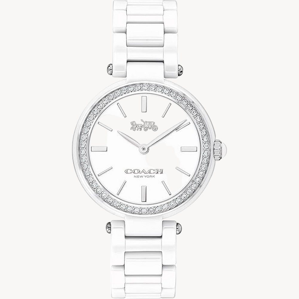 Named for the glamorous New York City street, the Park watch is an elegant style perfect for day or night
Crafted of durable, lightweight White ceramic, it’s finished with a sparkling Swarovski crystal-encrusted bezel and markers
White ceramic case and bracelet, Approx case diameter: 30mm, Crystals from Swarovski, Mineral crystal, Quartz movement , Deployment closure , Water-resistant to 99 feet