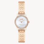 Movement Type: Quartz
Case Diameter: 22.00 mm
Case Thickness: 5.55 mm
Band Width: 10.00 mm
Case Material: Ionic Rose Gold Plated Stainless Steel With Crystal
Crystal Material: Mineral
Strap Material: Ionic Rose Gold Plated Steel
Water Resistance: 3 Atm
Clasp Type: Jewelry Clasp
