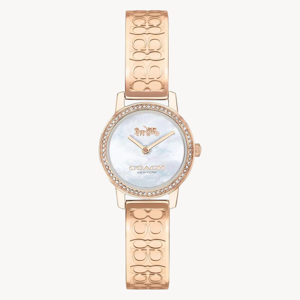 Movement Type: Quartz
Case Diameter: 22.00 mm
Case Thickness: 5.55 mm
Band Width: 10.00 mm
Case Material: Ionic Rose Gold Plated Stainless Steel With Crystal
Crystal Material: Mineral
Strap Material: Ionic Rose Gold Plated Steel
Water Resistance: 3 Atm
Clasp Type: Jewelry Clasp