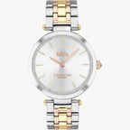Ladies Coach watch from the Park family. Featuring a 34mm stainless steel case, Silver-white sunray dial with Swarovski Crystal detailing, rose gold IP, stainless steel and gold IP link bracelet.