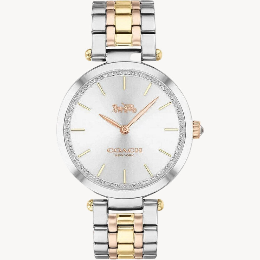 Ladies Coach watch from the Park family. Featuring a 34mm stainless steel case, Silver-white sunray dial with Swarovski Crystal detailing, rose gold IP, stainless steel and gold IP link bracelet.