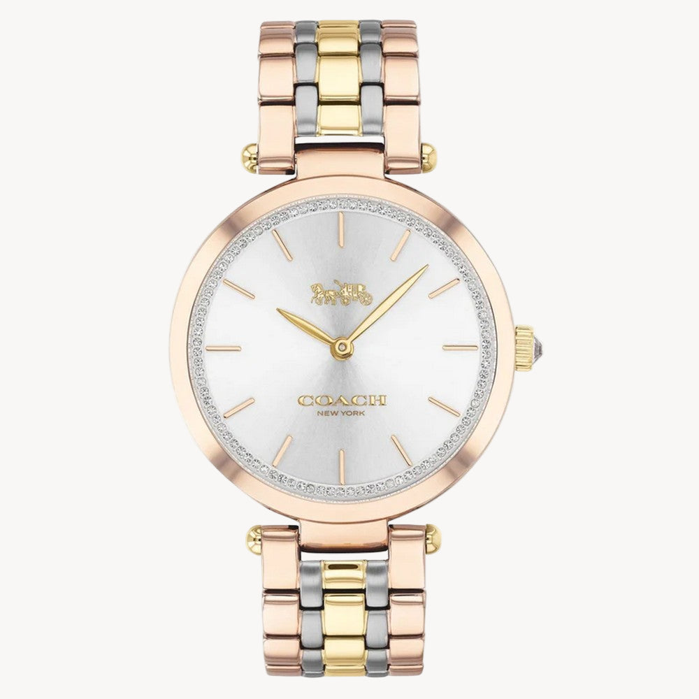 Named for the glamorous New York City street, the Park watch is an elegant style perfect for day or night. Featuring a mix of metals to match any look, this carnation gold tone, stainless steel and gold tone bracelet style is finished with sparkling Swarovski® crystals on the dial.