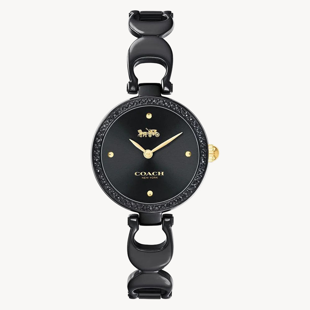 Movement Type: Quartz
Case Diameter: 26.00 mm
Case Thickness: 7.00 mm
Band Width: 9.50 mm
Bezel: Crystal Set
Case Material: Ionic Plated Black Stainless Steel
Crystal Material: Mineral
Dial: Black Sunray
Markers: Crystal
Strap Material: Ionic Plated Black Steel
Water Resistance: 3 Atm
Clasp Type: Jewelry Clasp