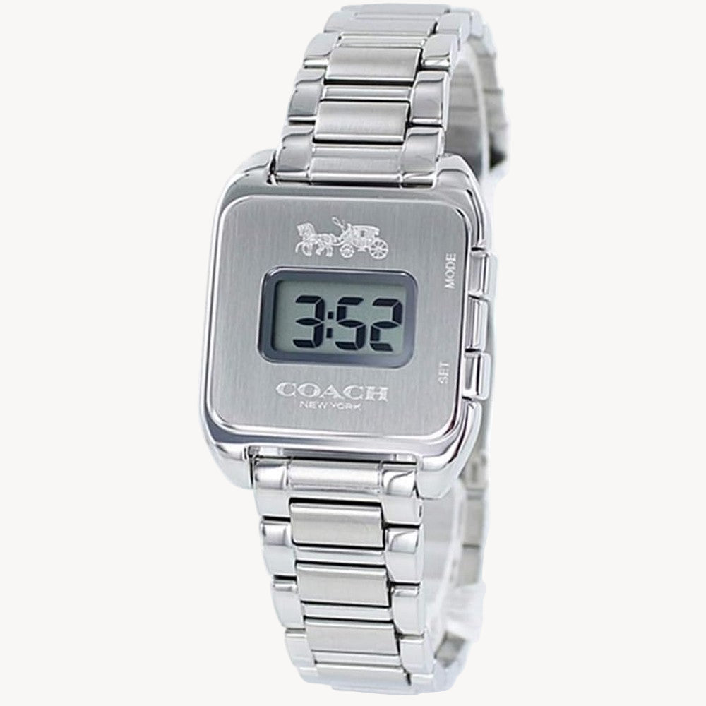 This is a digital watch from Coach watch collection.
The digital design gives a casual impression, but the elegant and sweet design is unique to Coach.
Subtly engraved with the carriage and brand logo.
Not only is it cute, but it also has an easy to read time display.
This model is suitable for a suit, business occasion, or casual fashion accent.
Thin slim case does not interfere with your arms.