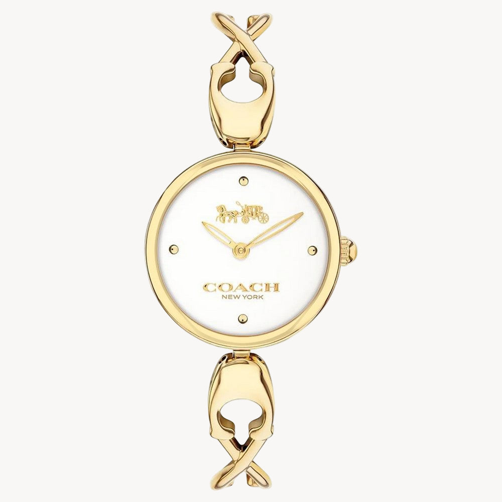 Movement Type: Quartz
Case Diameter: 26.00 mm
Case Thickness: 6.42 mm
Band Width: 2.00 mm
Case Material: Ionic Thin Gold Plated 1 Steel
Crystal Material: Mineral
Dial Colour: White
Strap Material: Ionic Thin Gold Plated 1 Steel
Water Resistance: 3 Atm
Clasp Type: Jewelry Clasp
Warranty: 2 Year International Manufacturer's Warranty