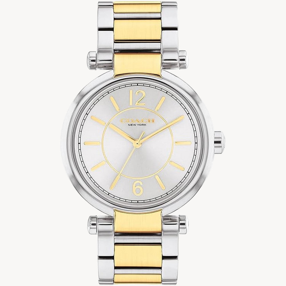 Timeless and elegant, the Cary watch is a sophisticated style perfect for day or night. The sleek two-tone stainless steel and gold tone bracelet design features a silvery white sunray dial detailed with a mixture of stick and numerical markers
Stainless steel and gold tone case and bracelet
Approx. case diameter: 39mm
Deployment closure
Water-resistant to 99 feet