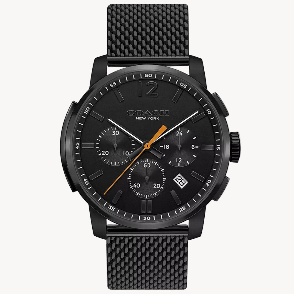 Minimalism meets high-tech functionality on the Bleecker Chrono watch. The versatile design features a mesh bracelet, a stopwatch function, three subdials displaying hours, minutes and seconds, as well a date window.