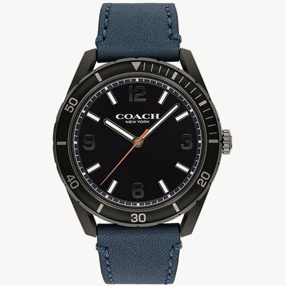 The Preston watch is an elegant pick for everyday. Finished with a dark denim glovetanned leather strap, this sleek Black ionic plated design features a Black bezel and dial with a sweeping second hand and a mix of numeral and stick markers.