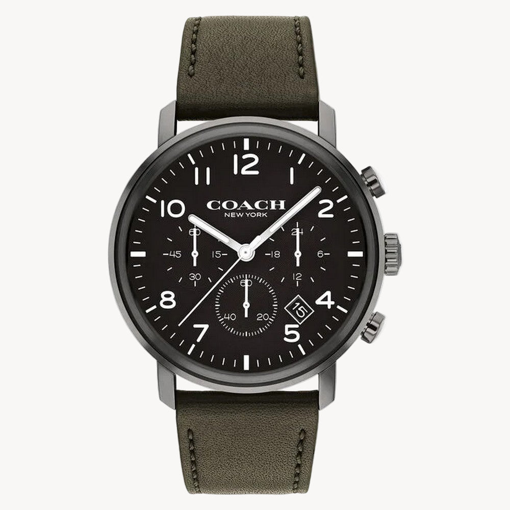 A timeless style with modern design, the Harrison is a casual watch with wear-everywhere versatility. This handsome grey iconic plated timepiece features a grey lacquered dial with three subdials, marking seconds, minutes and hours. Finished with an olive leather strap, the chronograph is detailed with a date window and a mix of numeral and stick markers