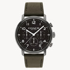 A timeless style with modern design, the Harrison is a casual watch with wear-everywhere versatility. This handsome grey iconic plated timepiece features a grey lacquered dial with three subdials, marking seconds, minutes and hours. Finished with an olive leather strap, the chronograph is detailed with a date window and a mix of numeral and stick markers
