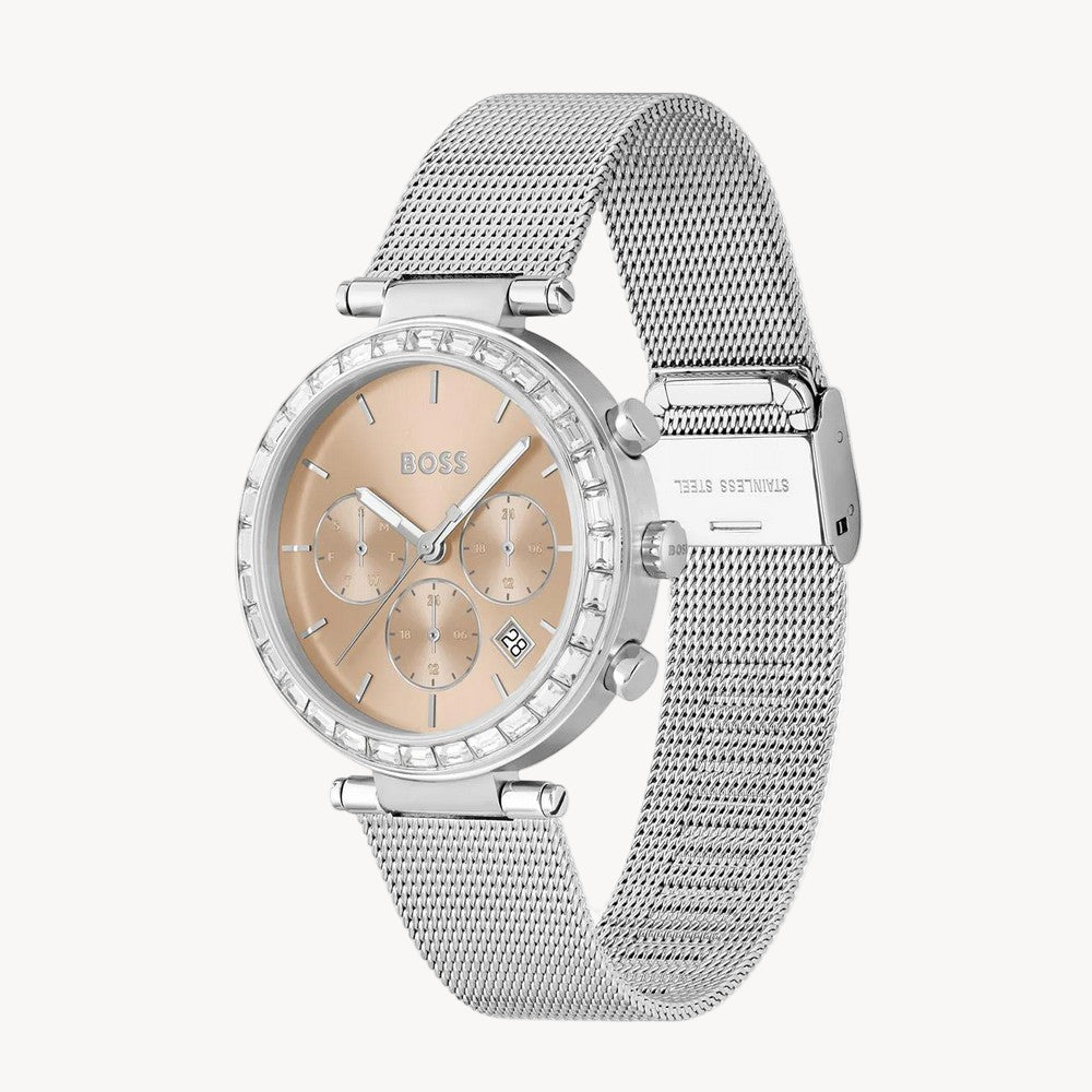 ساعة هوغو بوس 1502693 أندرا كيو تي زد متعددة الوظائف بمينا دائري ذهبي للنساء