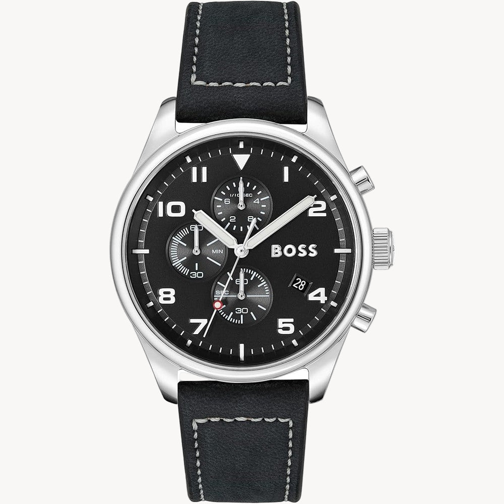 HUGO BOSS Chronograph Quartz Watch for Men with Black Leather Strap