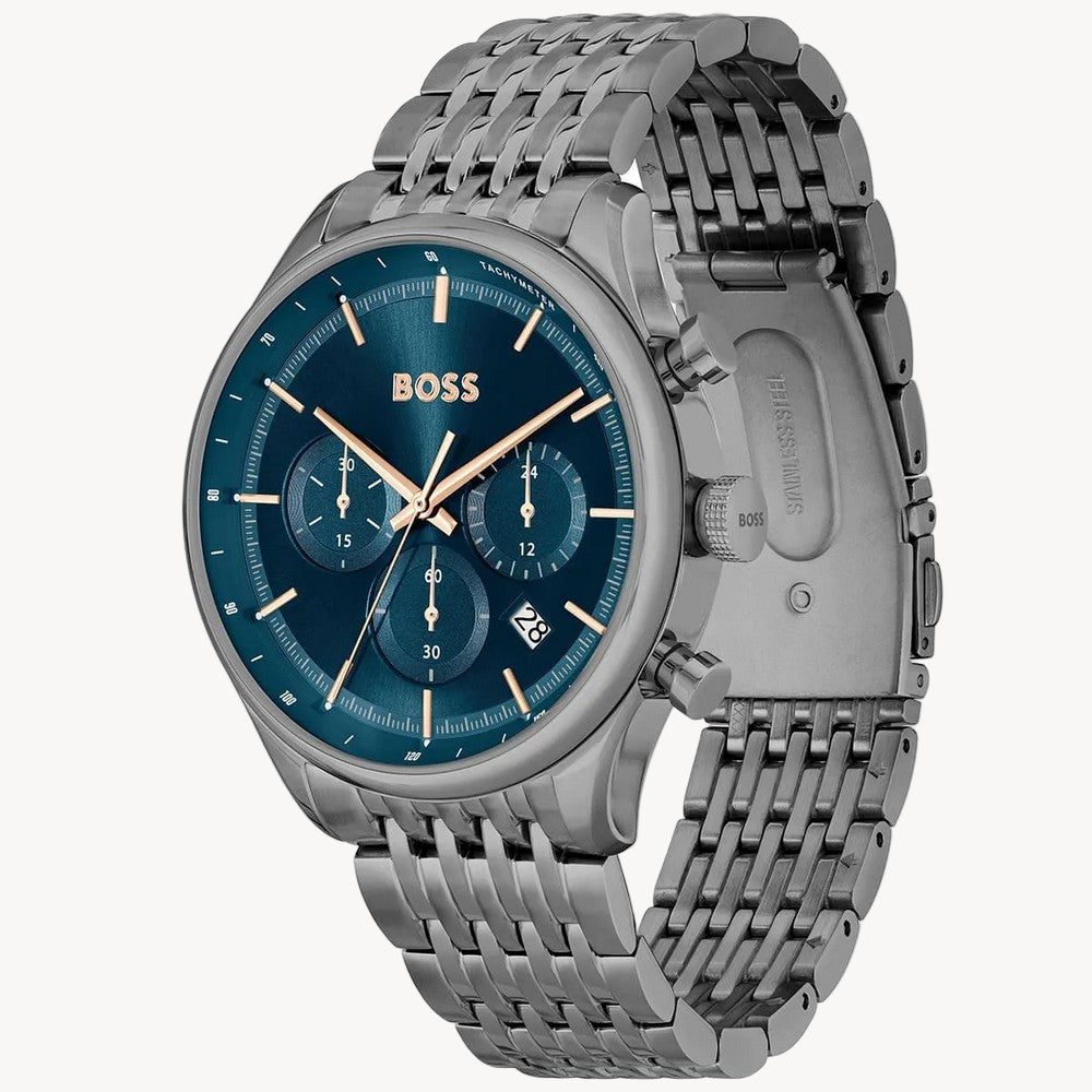 Hugo Boss 1514083 GREGOR Men's Watch Blue DIAL IONIC PLATED GREY STEEL WATC