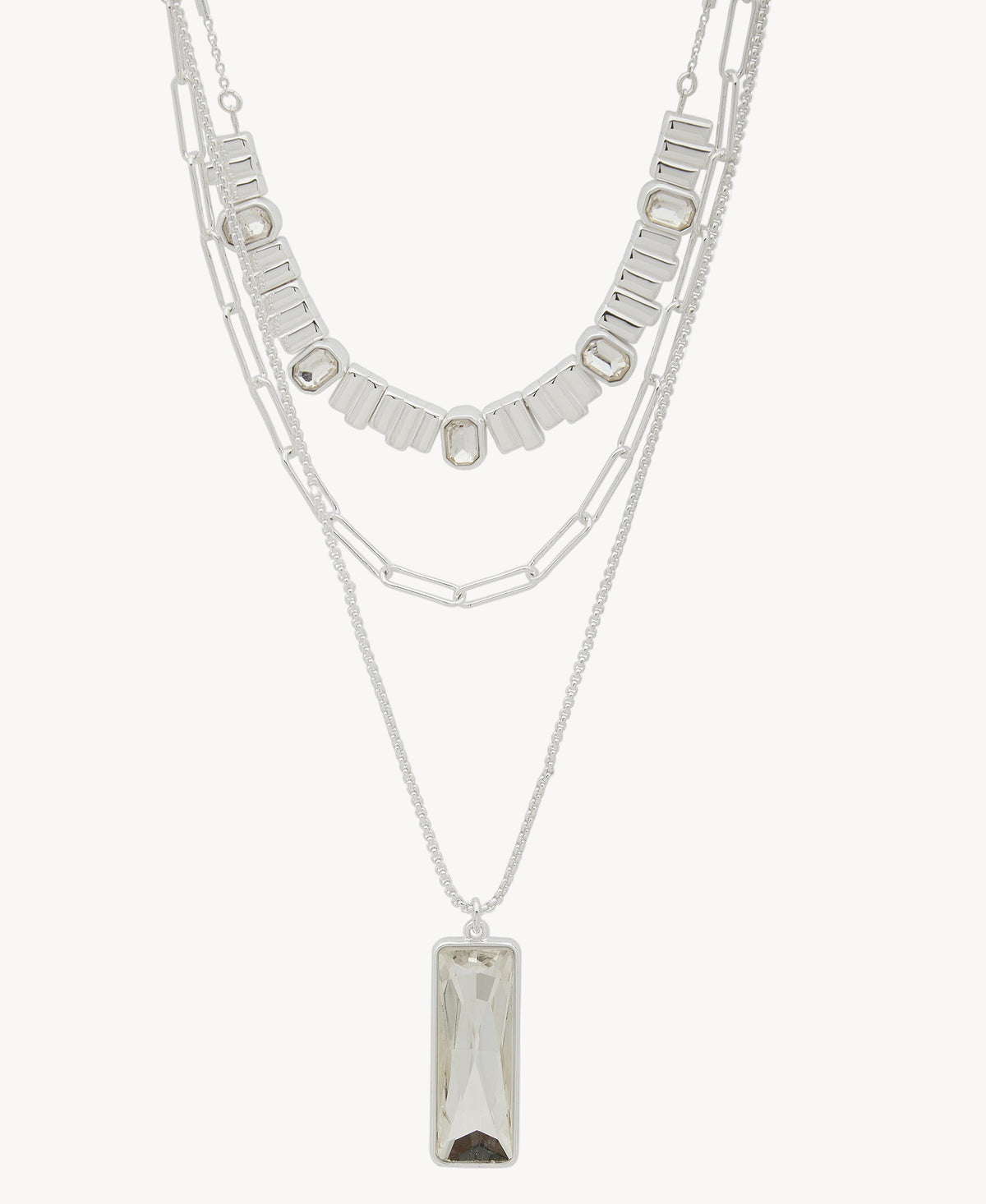 Nine West 19N00912 Silver Layered Crystal Statement Necklace