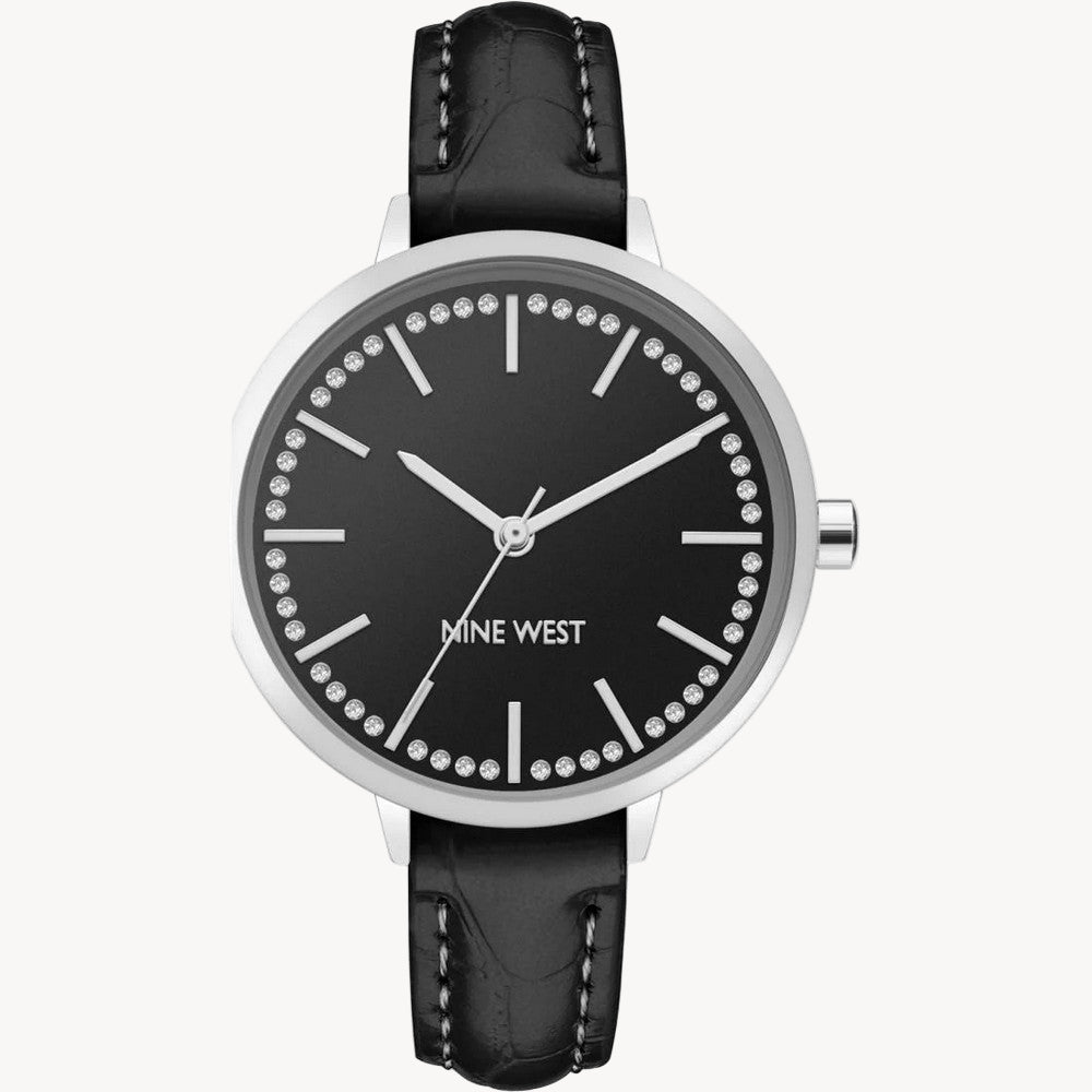 Nine West Women's Dress Watch – 34?mm Gray-Tone Case, Black Croco-Grain Leather Strap (NW/2555BKBK)