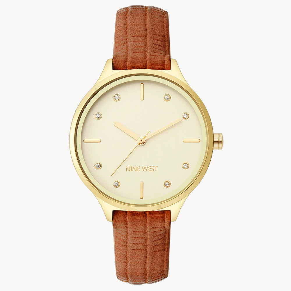 Nine West Women’s Dress Watch – 34?mm Gold-Tone Case, White Dial, Brown Leather Strap (NW?2556CHHY)