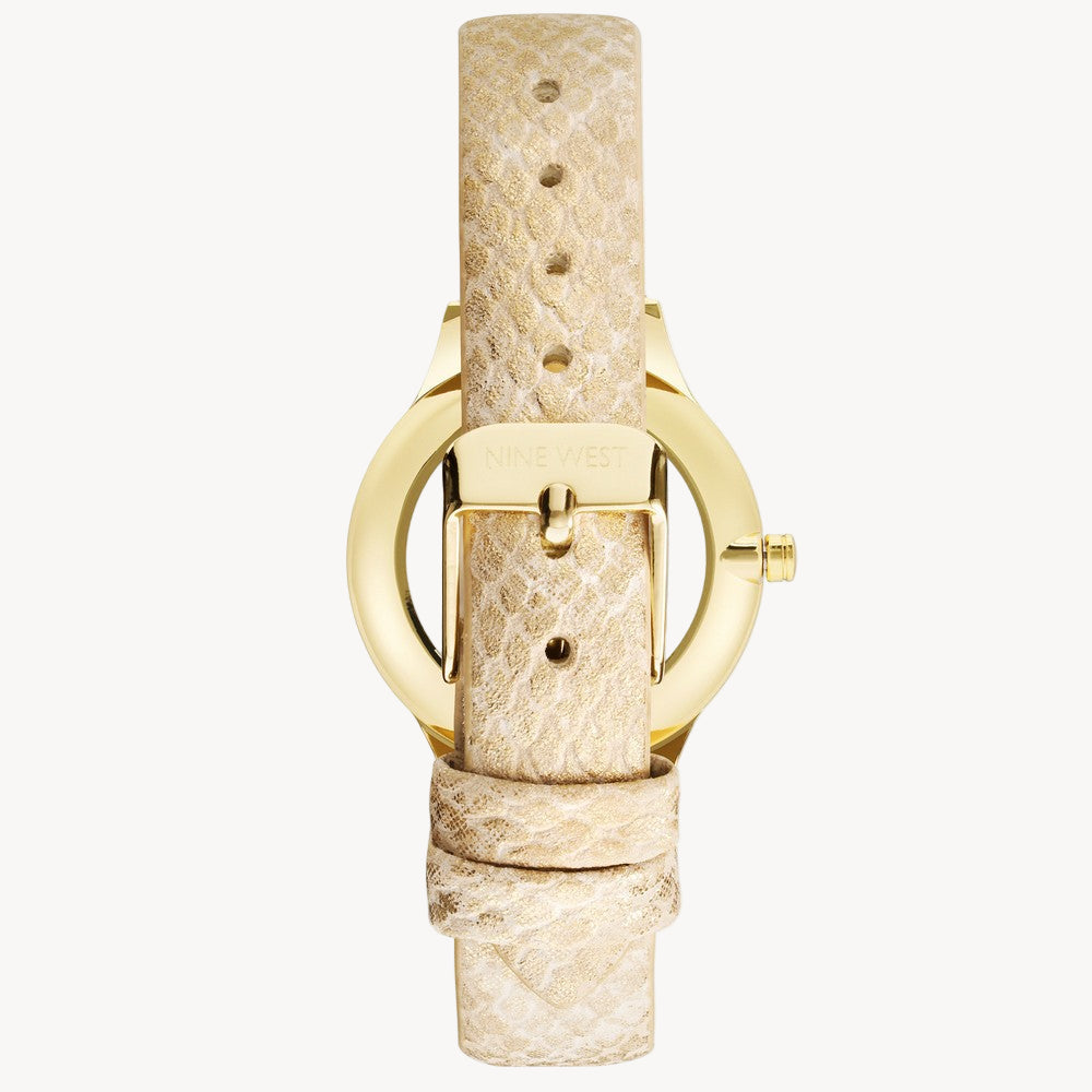 ساعة ناين ويست النسائية الرسمية - هيكل ذهبي اللون مقاس 34 مم، وحزام جلدي بيج (NW/2558CHGD)