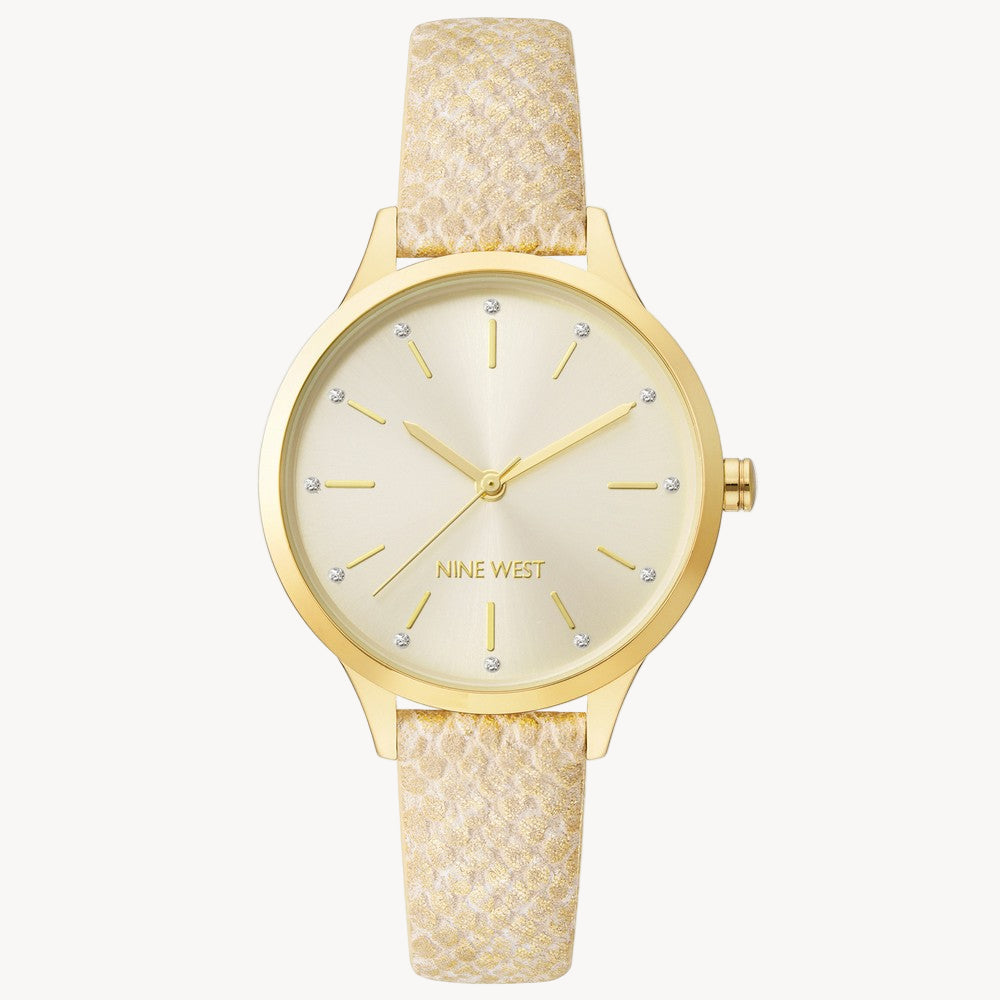 Nine West Women’s Dress Watch – 34?mm Gold-Tone Case, Beige Leather Strap (NW/2558CHGD)