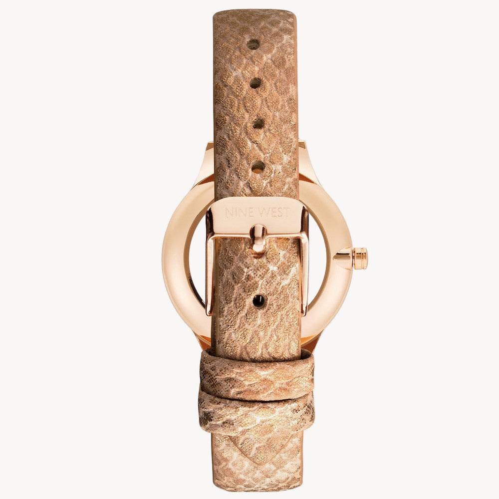 ساعة ناين ويست النسائية الرسمية - هيكل من الذهب الوردي مقاس 34 مم، وحزام جلدي وردي (NW/2558RGBZ)