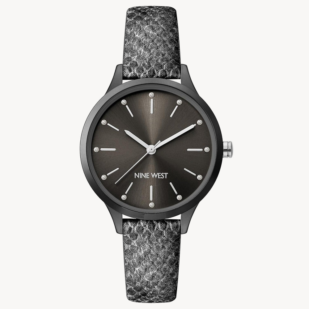 Nine West Women’s Dress Watch – 34?mm Black Stainless Steel Case, Black Leather Strap (NW/2559GYGY)