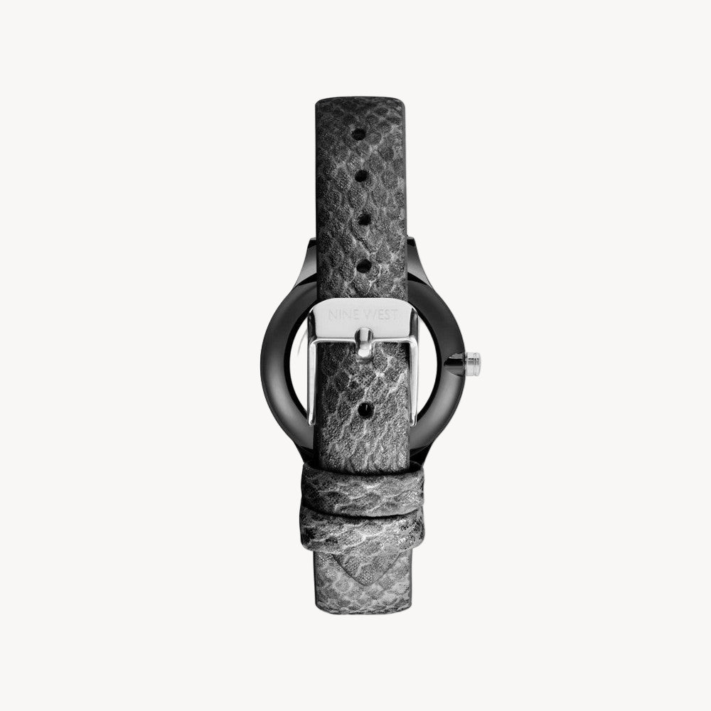 ساعة ناين ويست النسائية الرسمية - هيكل من الفولاذ المقاوم للصدأ الأسود مقاس 34 مم، وحزام جلدي أسود (NW/2559GYGY)