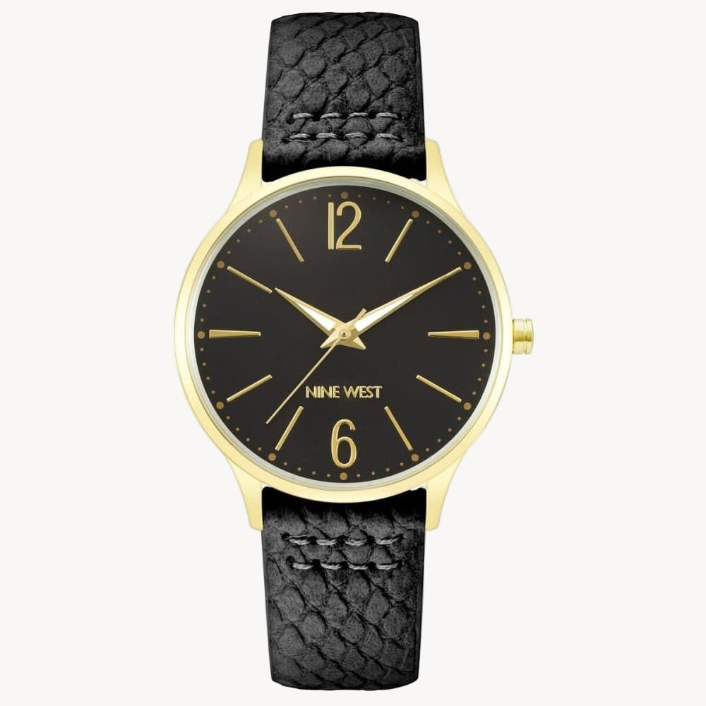 Nine West Women’s Dress Watch – 38 mm Gold-Tone Case, Black Leather Strap (NW/2560BKBK)