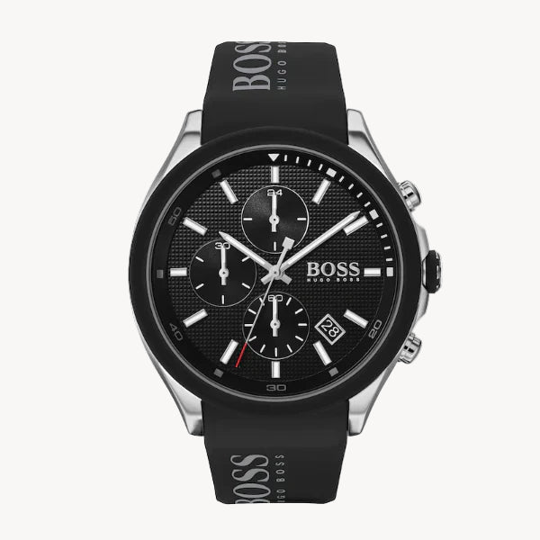 Shop Hugo Boss 1513716 men’s chronograph watch with Black dial and Black silicone strap. Quartz movement, 44mm case, and water resistance. Available at ShopOWS.pk.