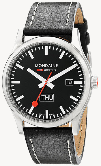Mondaine Sport Day-Date 41 mm Watch A667.30308.19SBB | Swiss Quartz, Black Leather