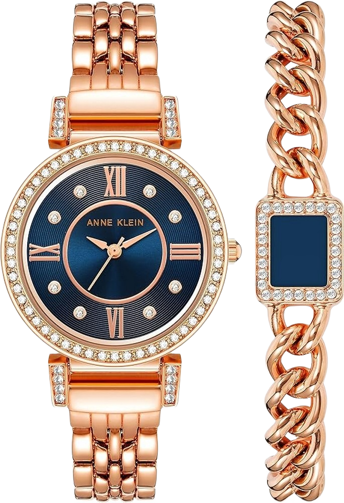 Anne Klein AK/2928NVST Women's Premium Crystal Accented Watch and Bracelet Set