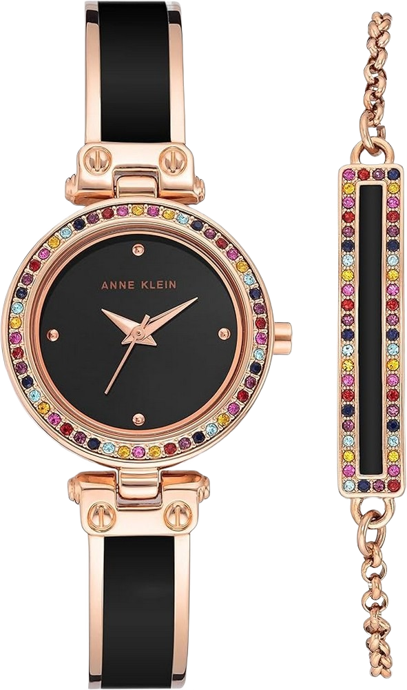 Anne Klein AK/3974BKST Women's Premium Crystal Accented Bangle Watch and Bracelet Set