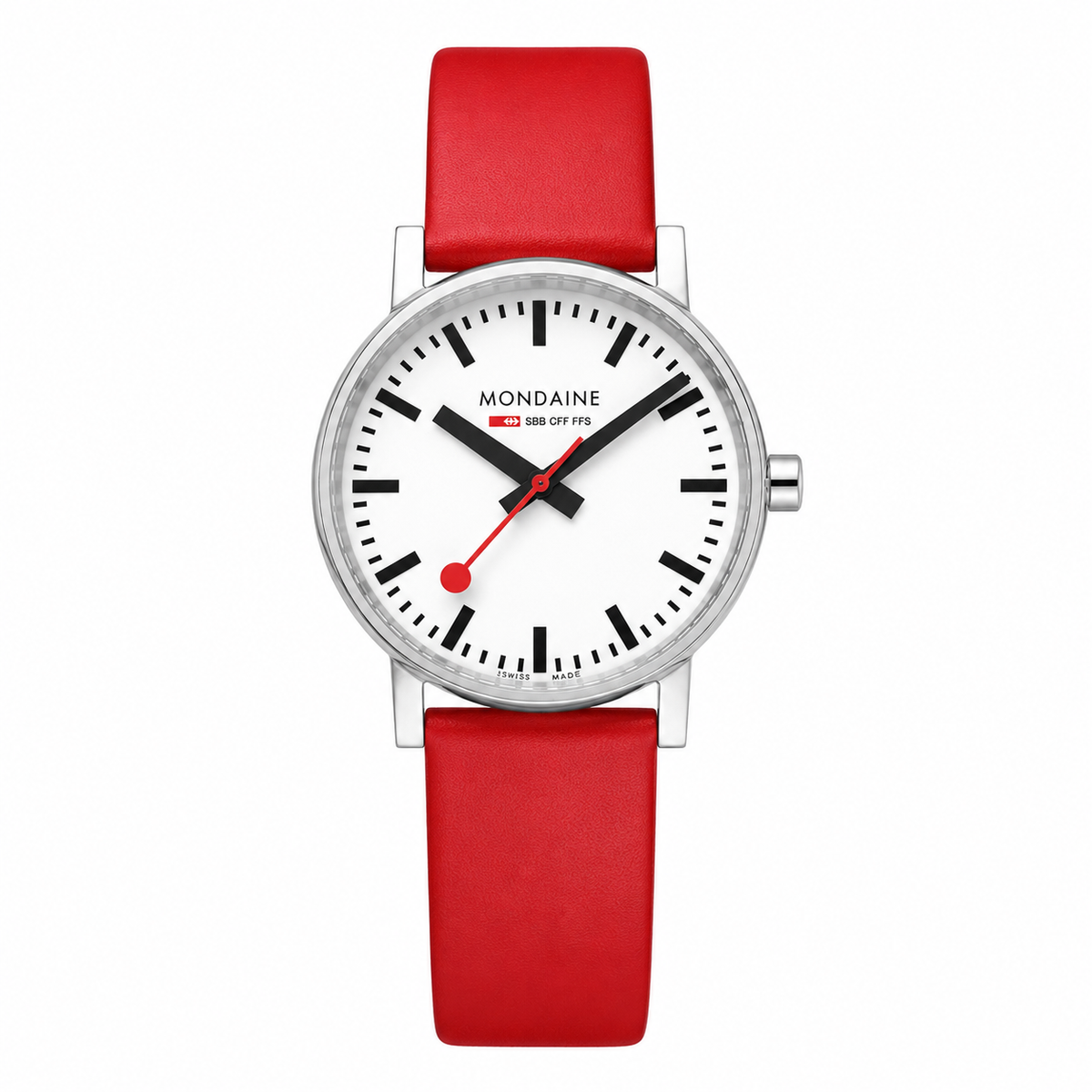 Mondaine A6603031411SBS Classic 36mm White Dial Red Leather Strap Swiss Quartz Watch