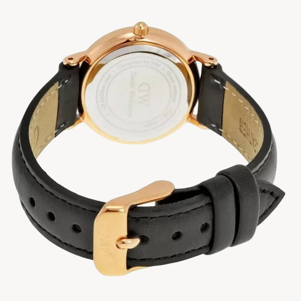 ساعة دانيال ولينغتون شيفيلد الكلاسيكية بمينا أبيض وسوار جلدي أسود للنساء