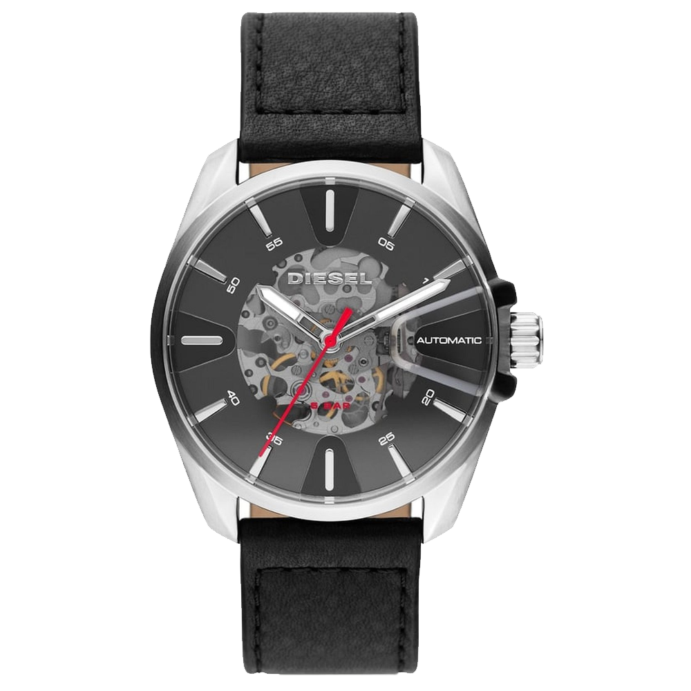 ساعة ديزل DZ1966 أوتوماتيكية بمينا أسود وحزام جلدي 44 مم