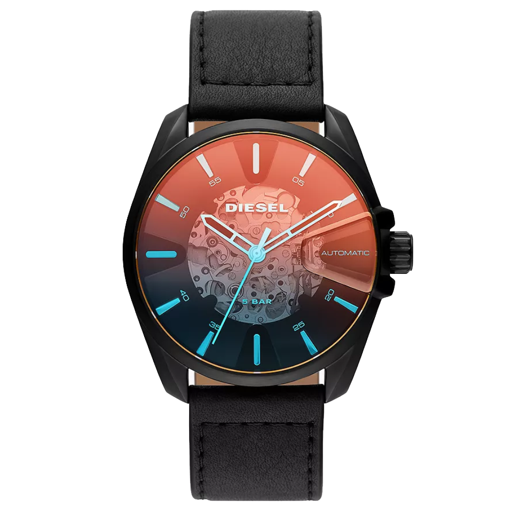 ساعة ديزل DZ1967 MS9 أوتوماتيكية هيكلية بمينا أسود وحزام جلدي 44 مم