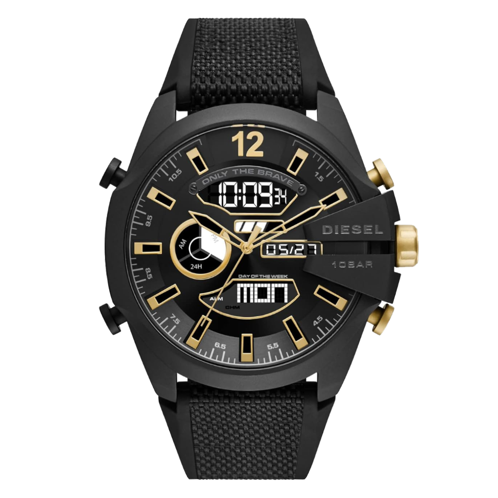 ساعة ديزل DZ4552 سيليكون ميجا شيف تناظرية رقمية للرجال بمينا أسود