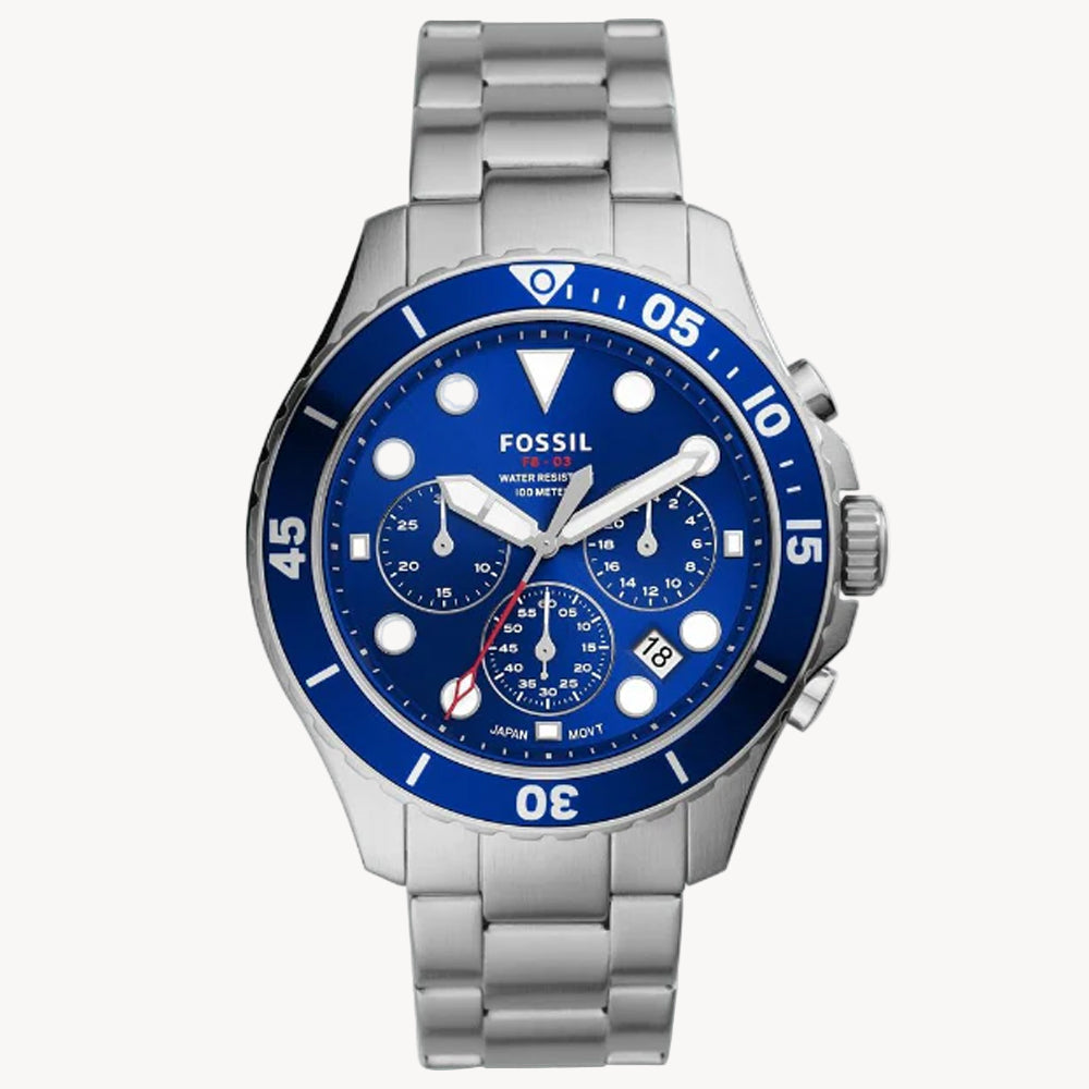 ساعة فوسيل FB-03 كرونوغراف كوارتز فضية من الفولاذ المقاوم للصدأ بمينا زرقاء للرجال - FS5724