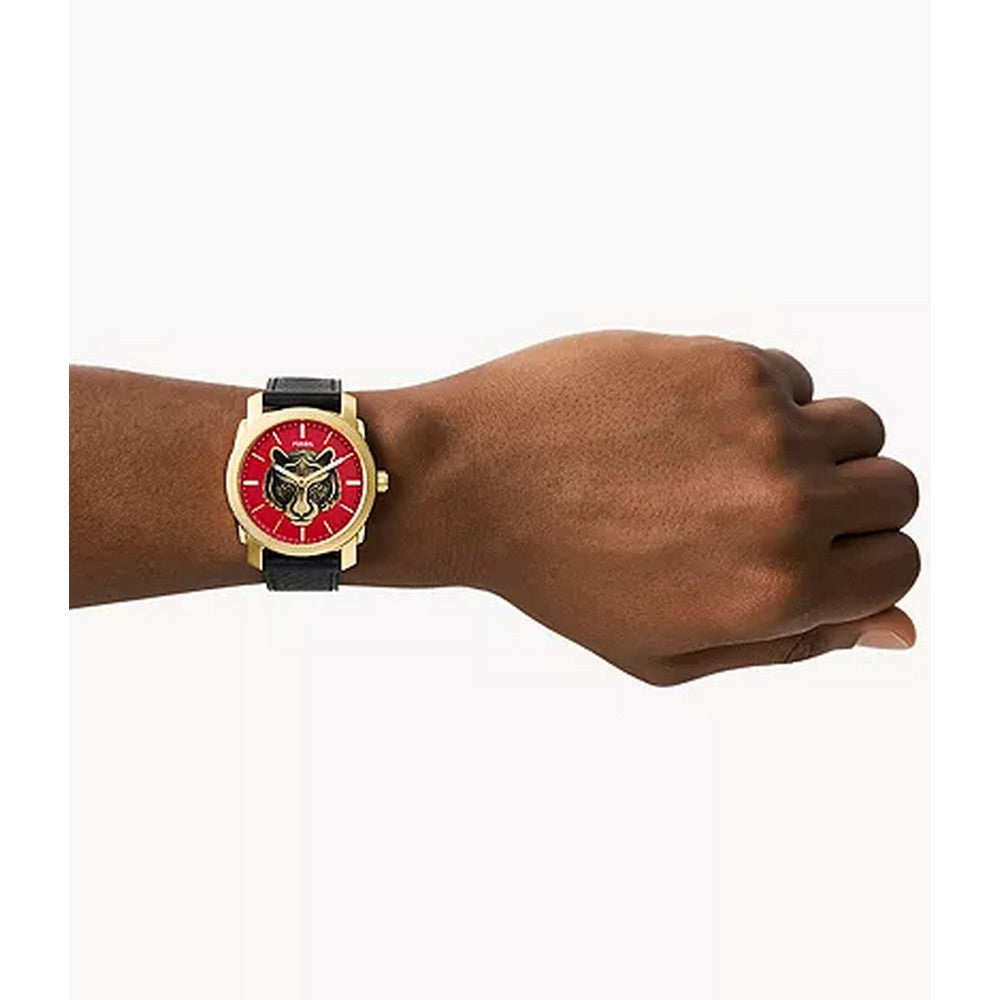 ساعة فوسيل FS5909 ماشين بثلاثة عقارب من الجلد الأسود