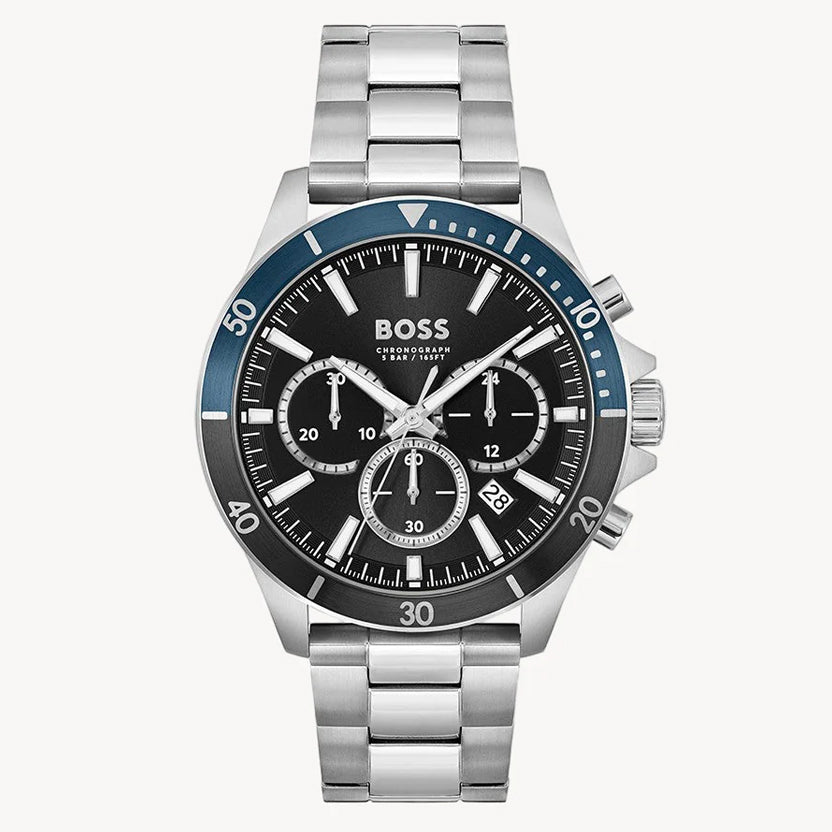 ساعة هوغو بوس 1514101 كرونوغراف للرجال، فضية، ستانلس ستيل، مينا سوداء